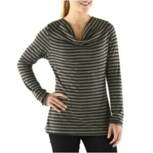 Ibex Diana Cowl Neck Long Sleeve Top 100% Merino Wool in Green Gray Size M (FLAW